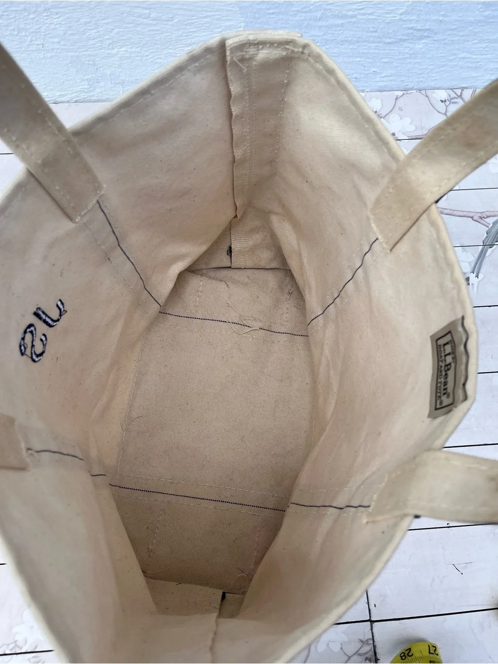 L.L. Bean Natural Canvas Tote with Navy Trim - JS Monogram